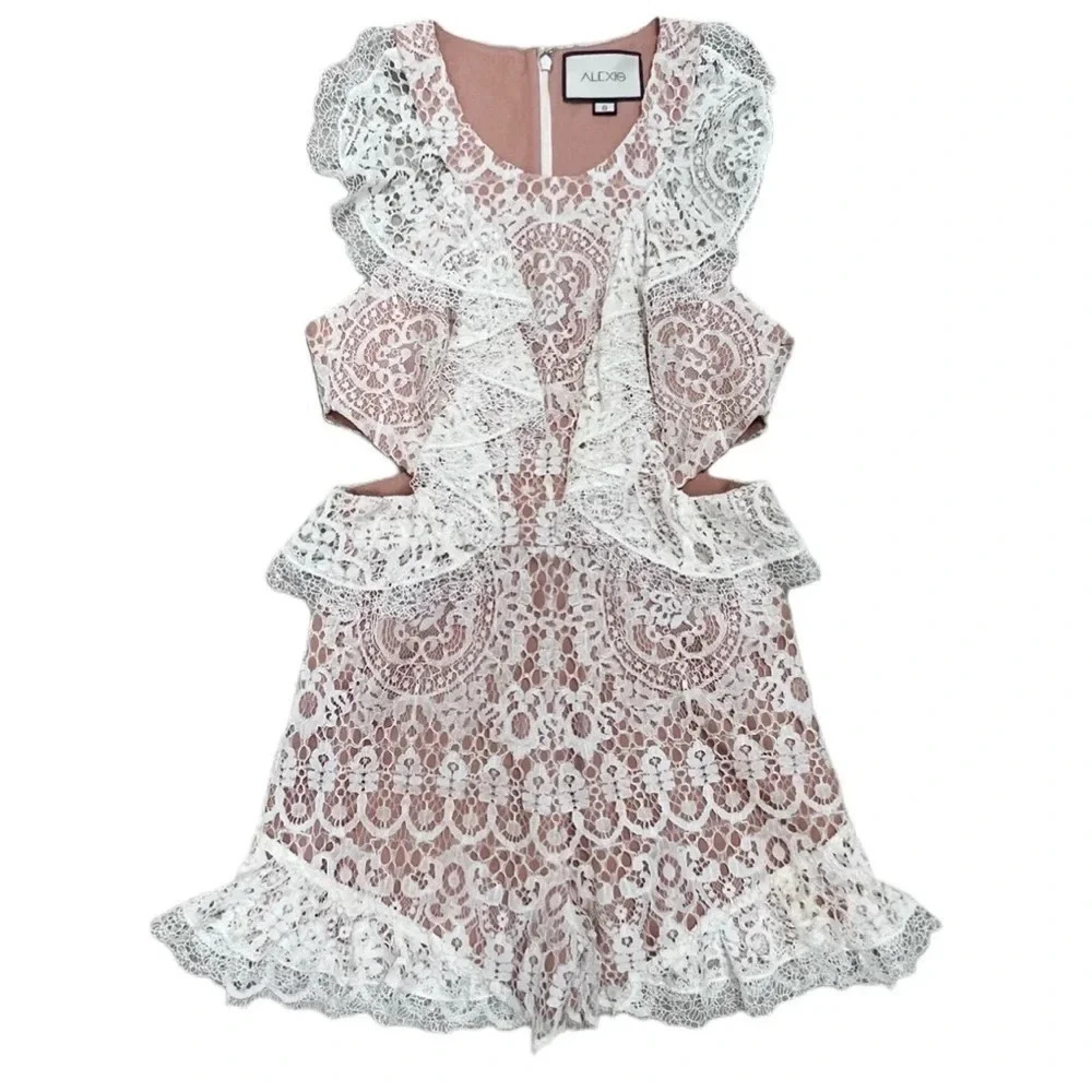 ALEXIS BARBARA Bar Lace Ruffle Side Cutout Romper Racer Nude/White Dress Size S